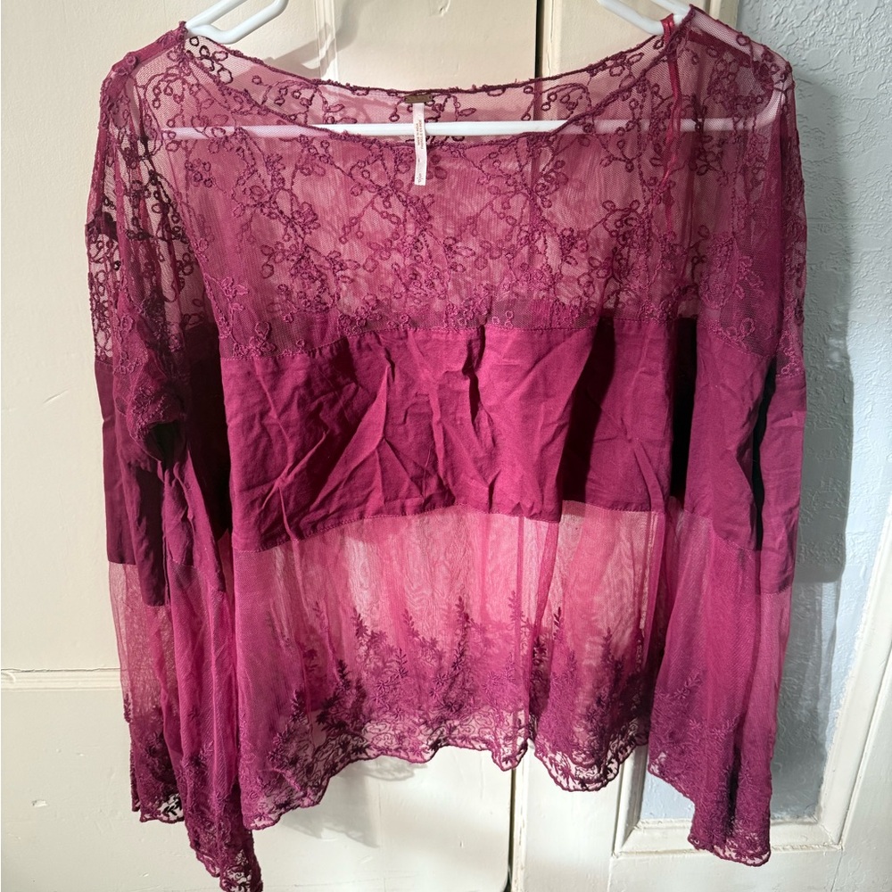 Free People Sheer Burgundy Bell Sleeve Top